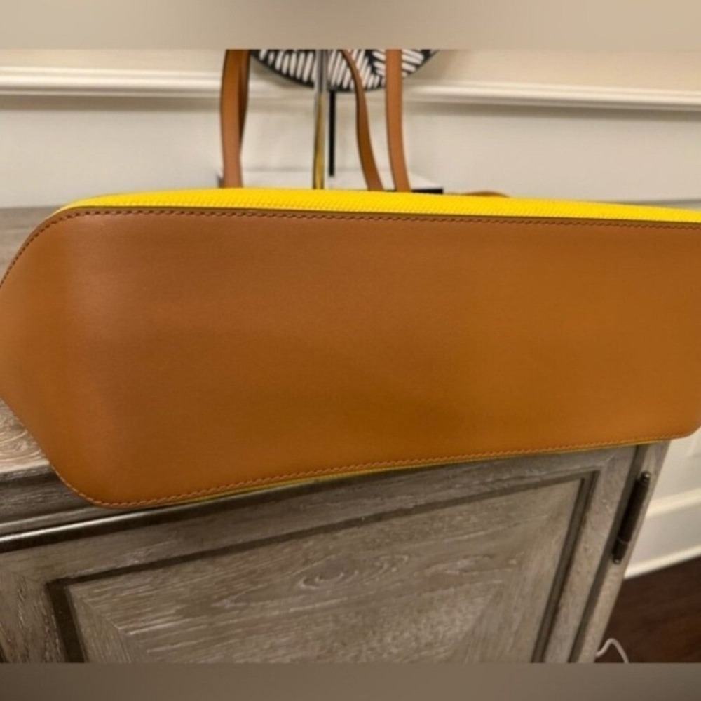 Michael Kors Yellow Canvas Satchel Tote Bag Tan Leather Trim Gold Hardware Large - Picture 5 of 10
